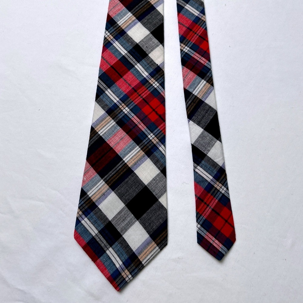 Kenneth Gordon Vintage Mens Plaid Linen Hand Sewn Necktie Red Navy White Preppy